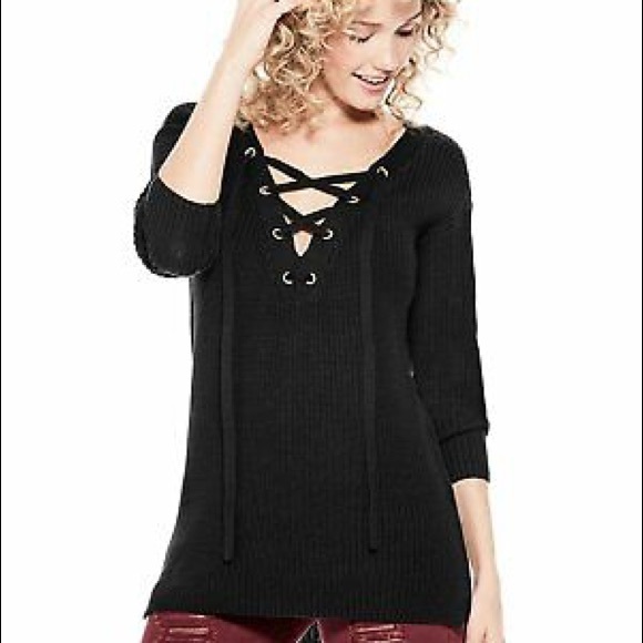 Guess Sweaters - Guess Cable Knit Black Lace Up Sweater Small